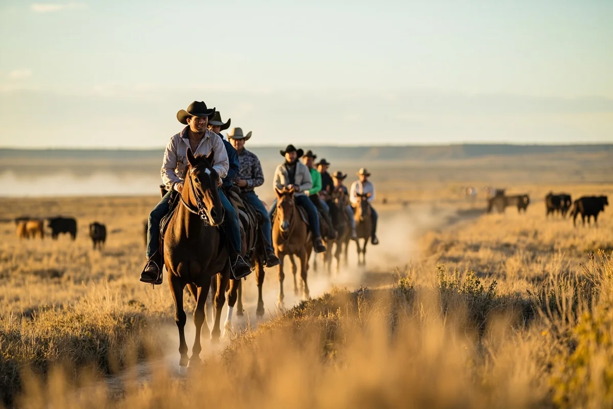 Group of visitors on horseback following a cowboy through Montana rangeland with cattle visible ahead