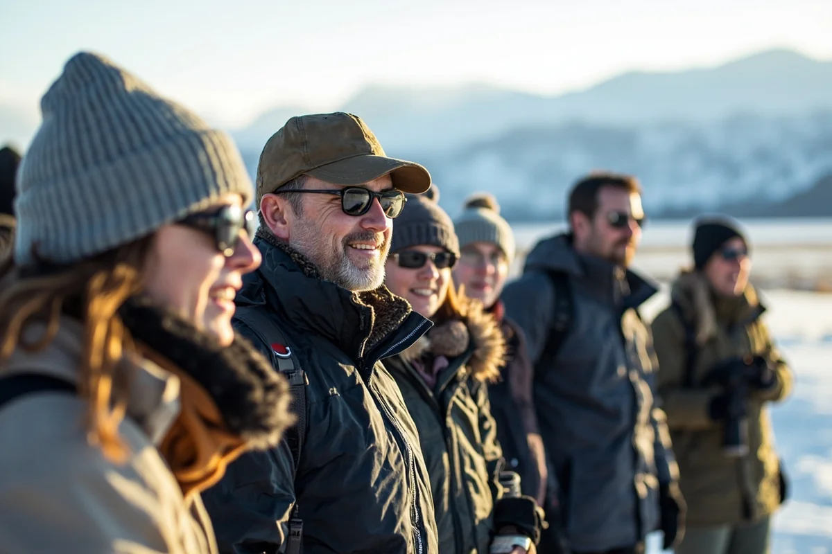 Group of winter visitors properly dressed for wildlife viewing in Yellowstone's Lamar Valley