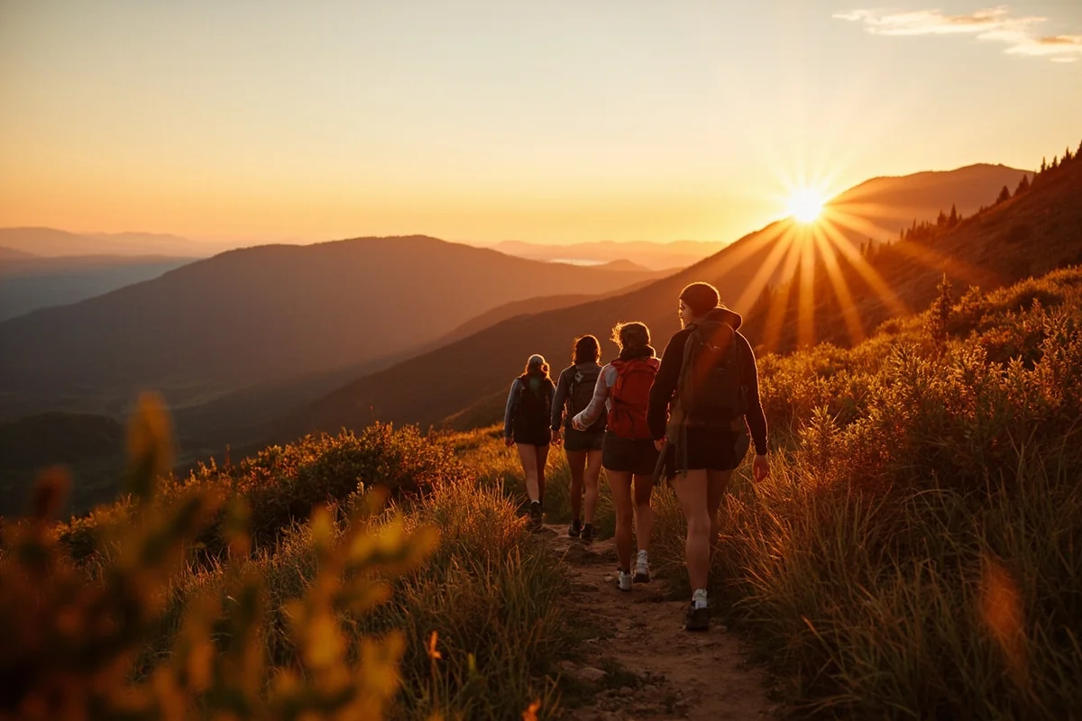 Group of women hiking along a scenic Montana mountain trail at sunset