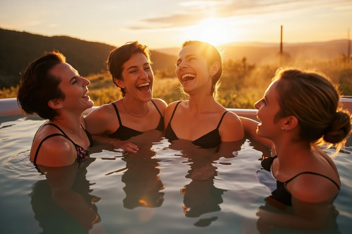 Group of women laughing together at a Montana hot springs resort with mountain backdrop at sunset