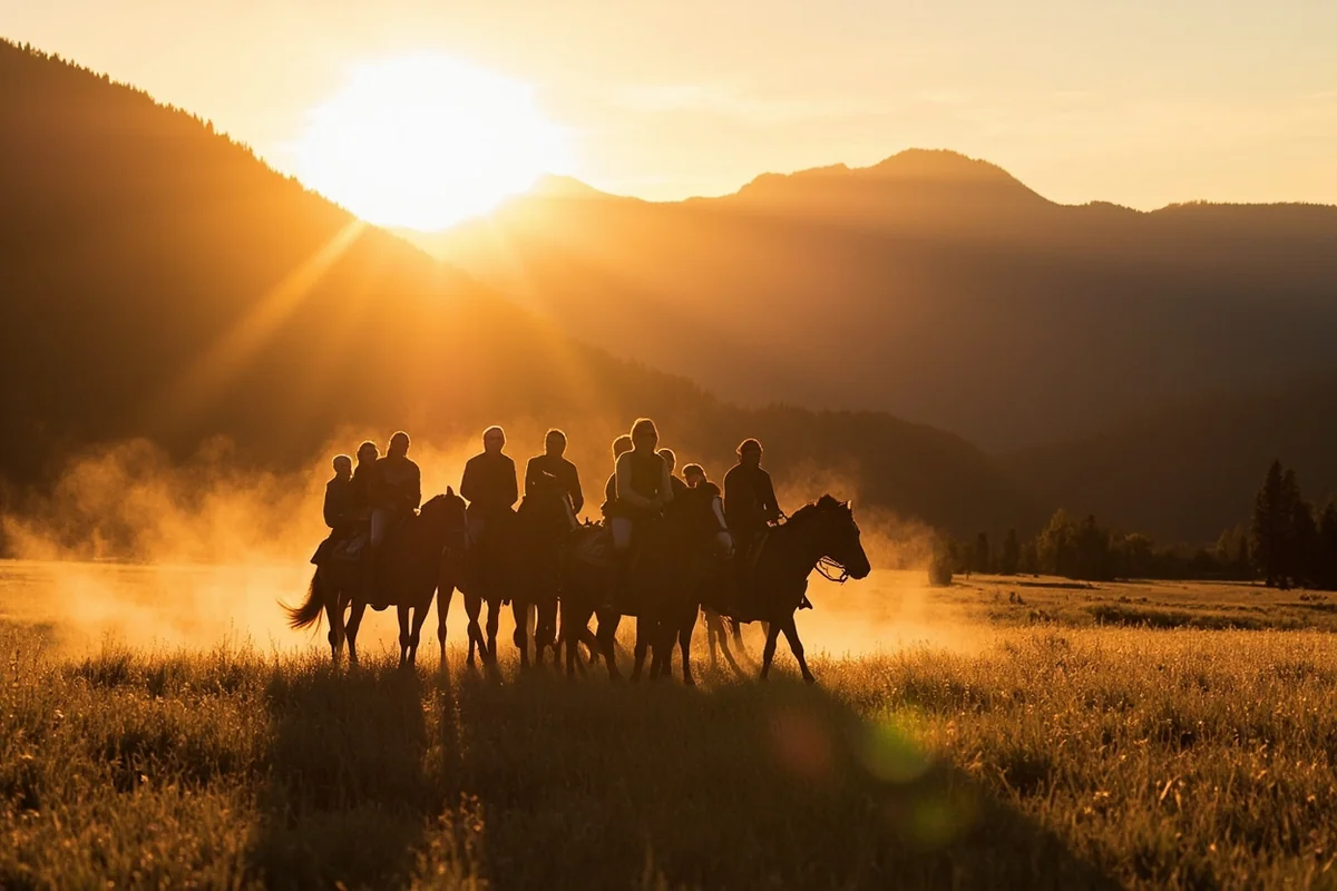 Group of women on horseback riding through Montana mountain meadow at golden hour