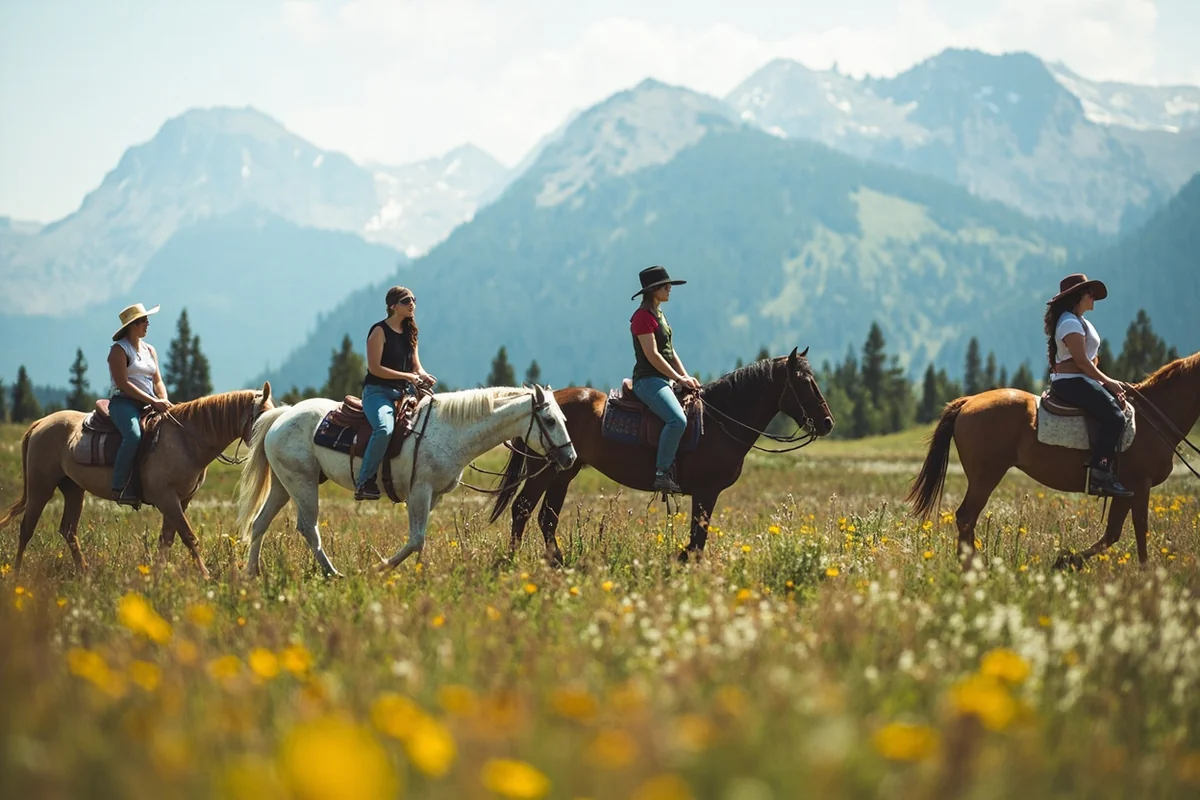 Group of women on horseback riding through Montana mountain meadow with wildflowers