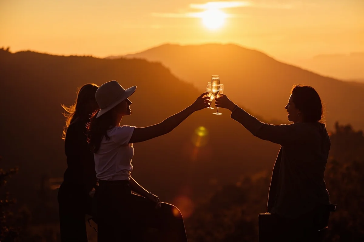 Group of women toasting at ranch sunset with mountain silhouettes behind them