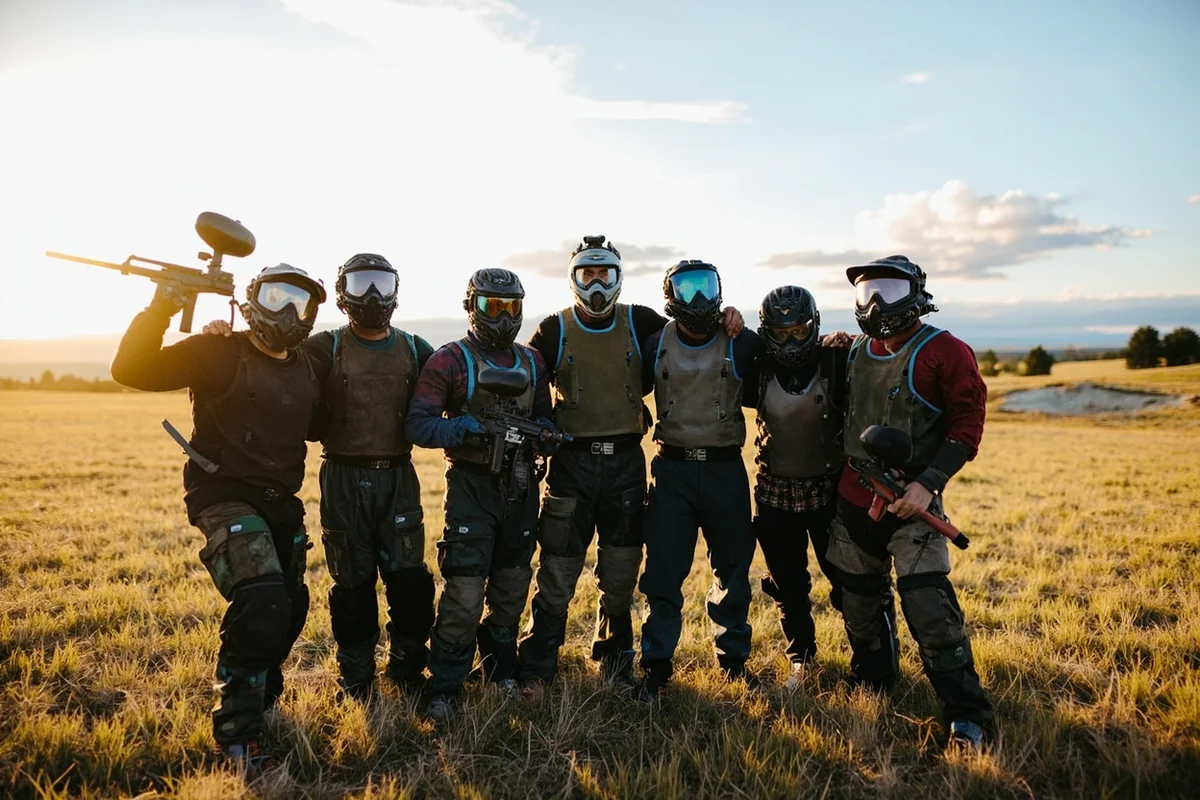 Group photo of paintball players in full gear posing after a match on a Montana field with Big Sky scenery visible behind them