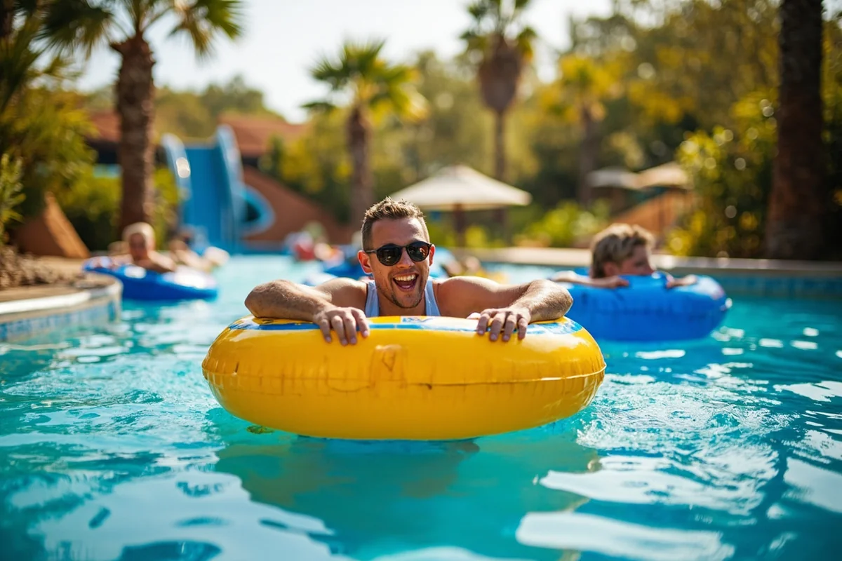 Guests floating on tubes through the lazy river section with palm trees and water features visible