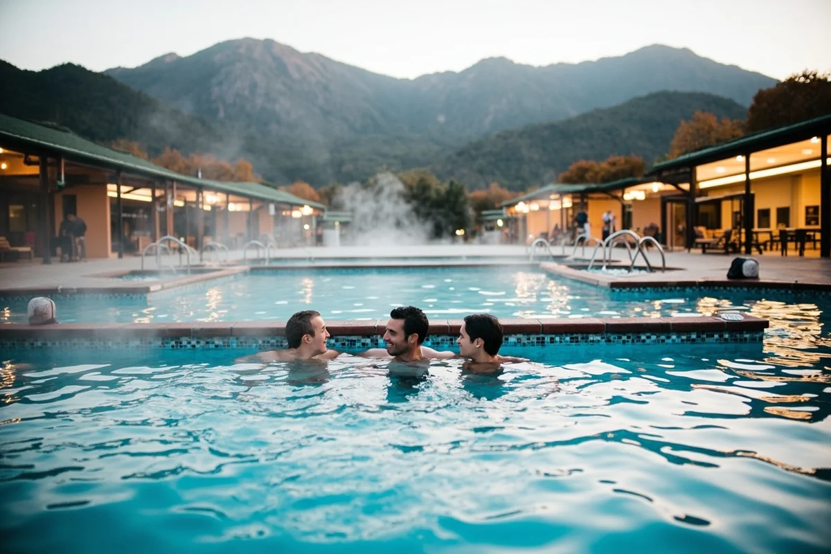 Guests relaxing in Chico Hot Springs pool with mountain backdrop