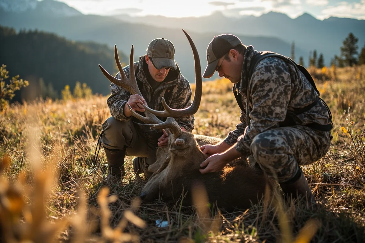Guide and hunter field dressing an elk in Montana backcountry