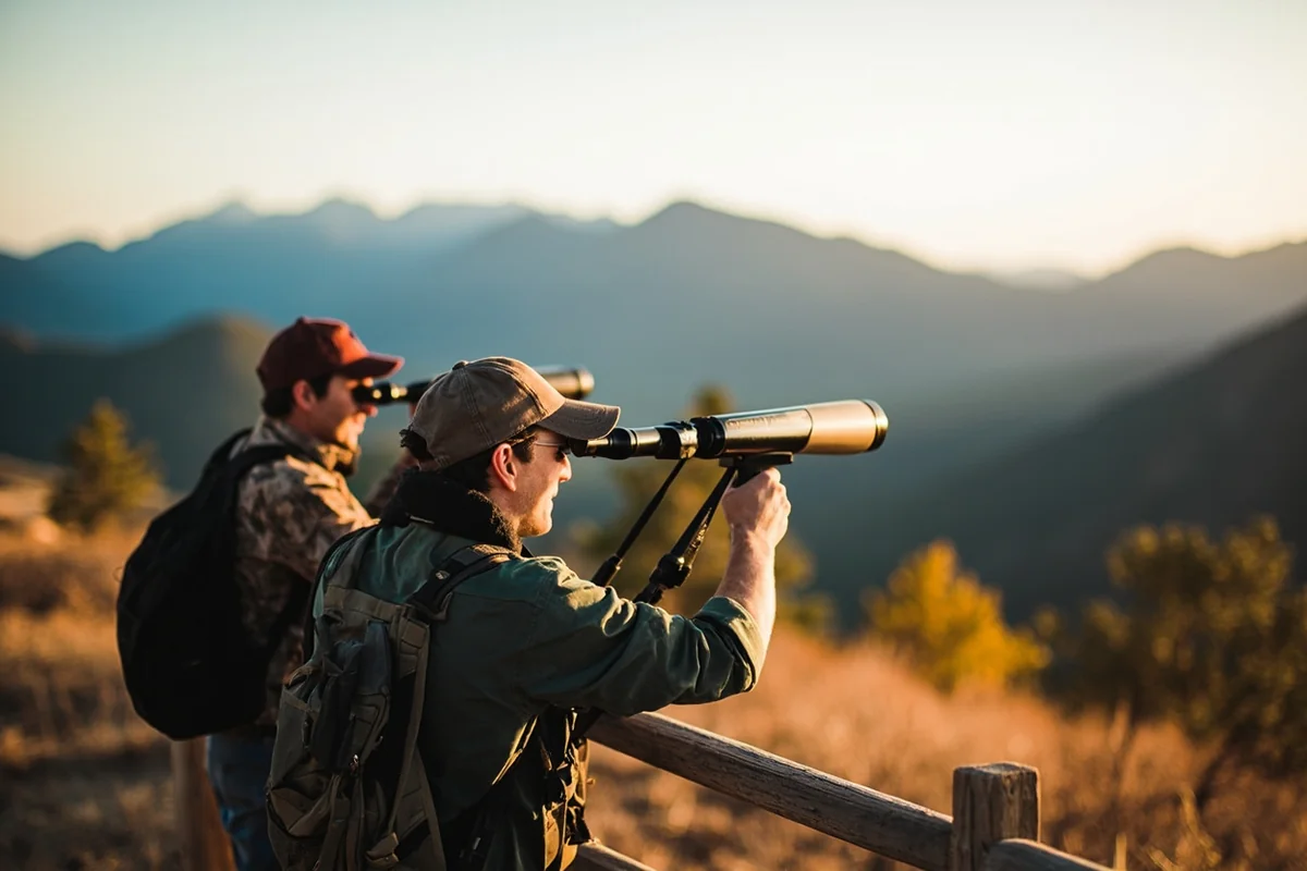 Guide and hunter glassing from a high ridge with spotting scopes, mountains in background