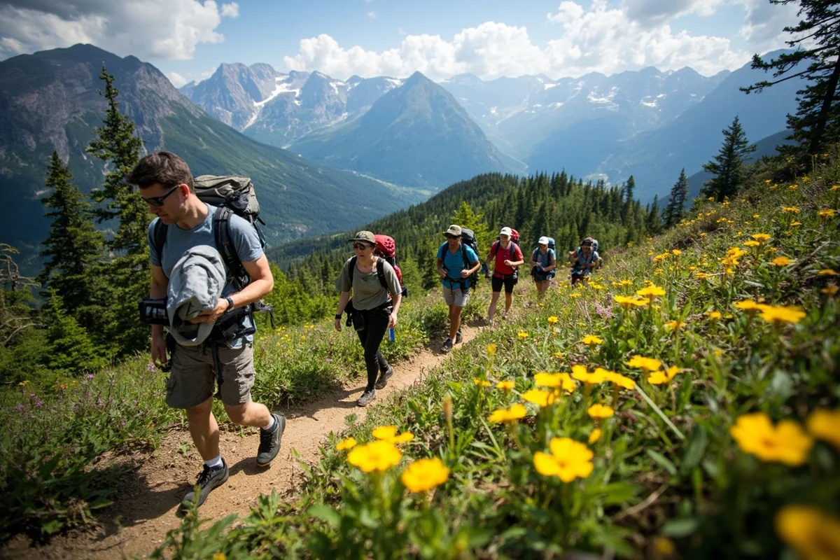 Guided hiking group on a mountain trail in Glacier National Park with wildflowers