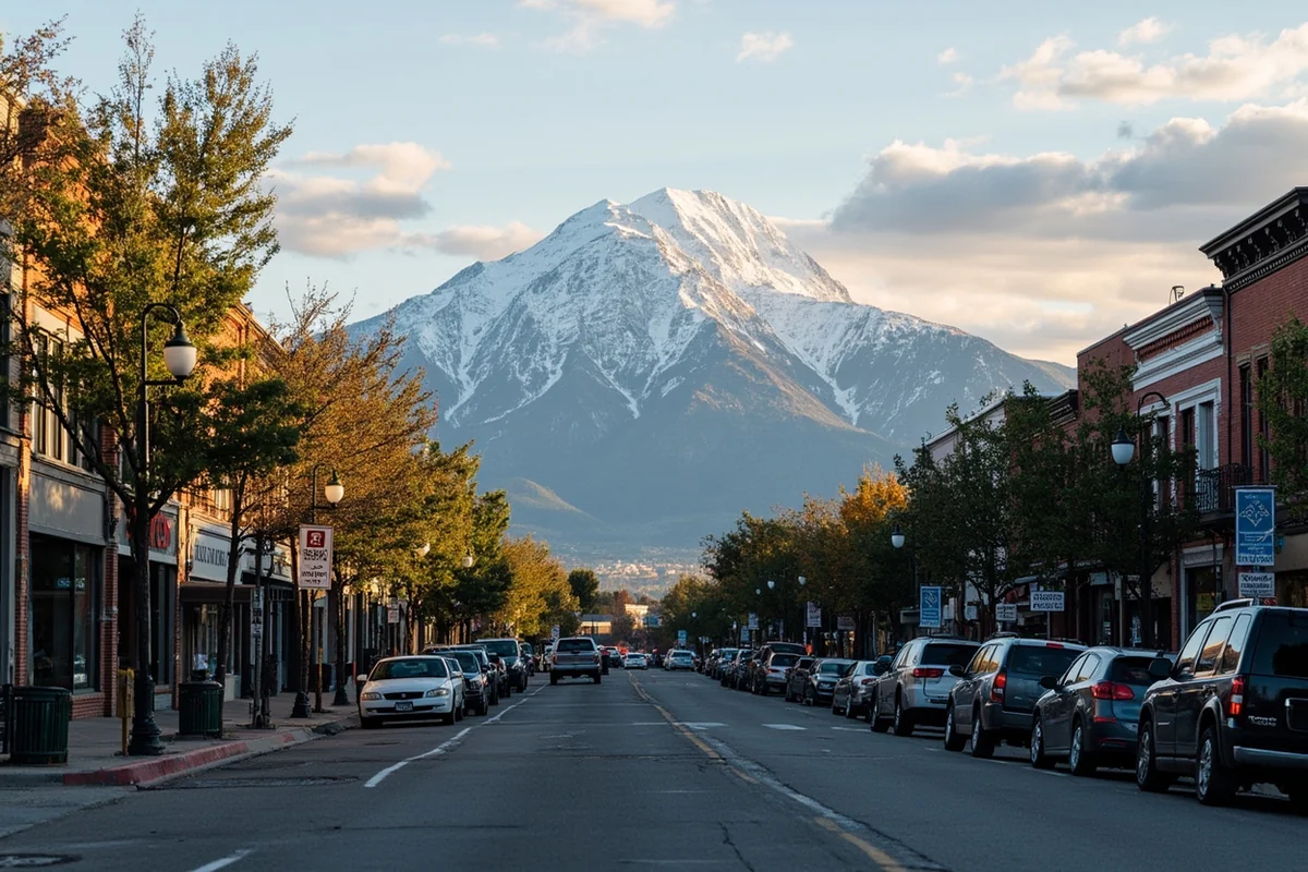 Hamilton's Main Street with the Bitterroot Mountains rising dramatically in the background