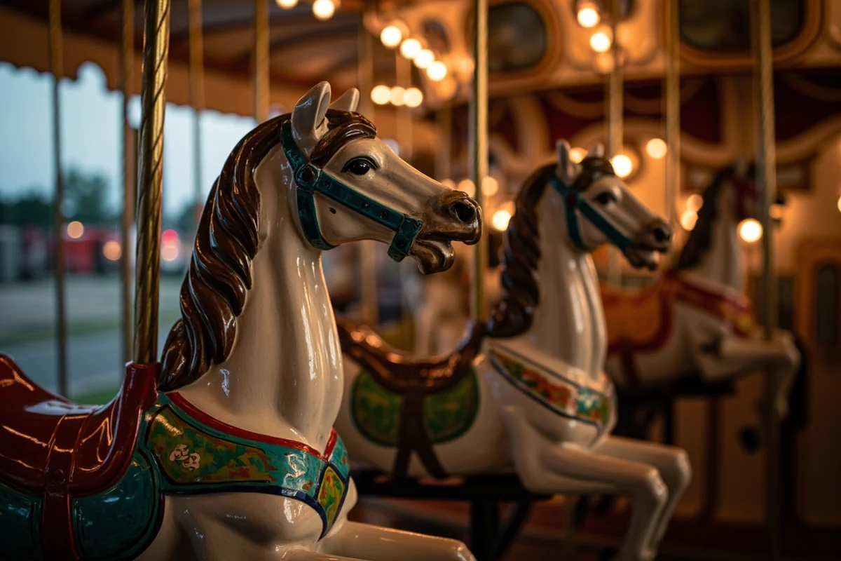 Hand-carved carousel horses at A Carousel for Missoula showing intricate painted details