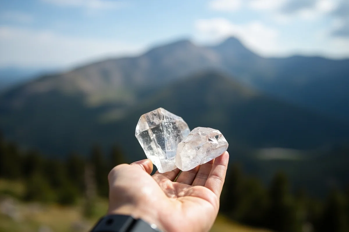 Hand holding clear quartz crystals against a Montana mountain backdrop