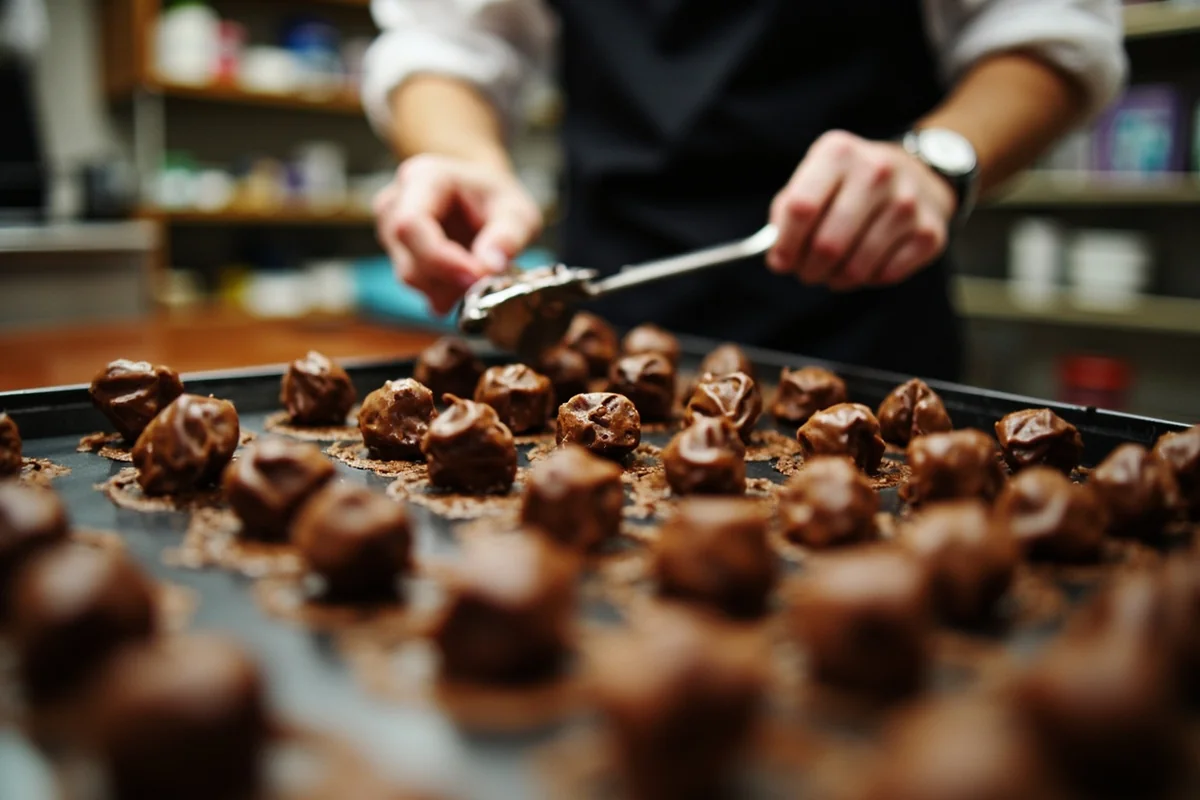 Handcrafted chocolate truffles being made in artisan shop kitchen