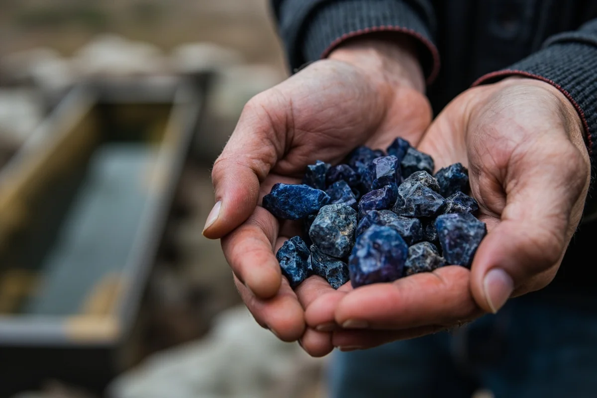 Hands holding rough Montana sapphires with mining sluice in background
