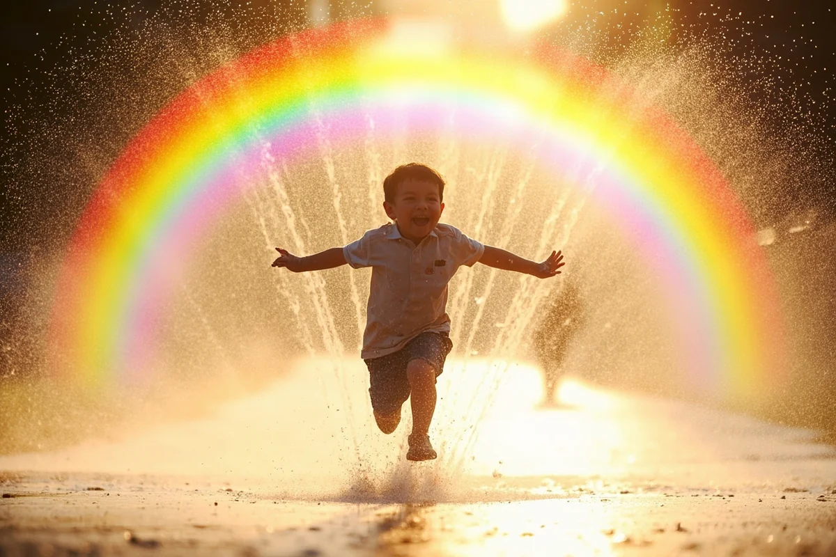 Happy child running through rainbow spray arch with water droplets catching sunlight