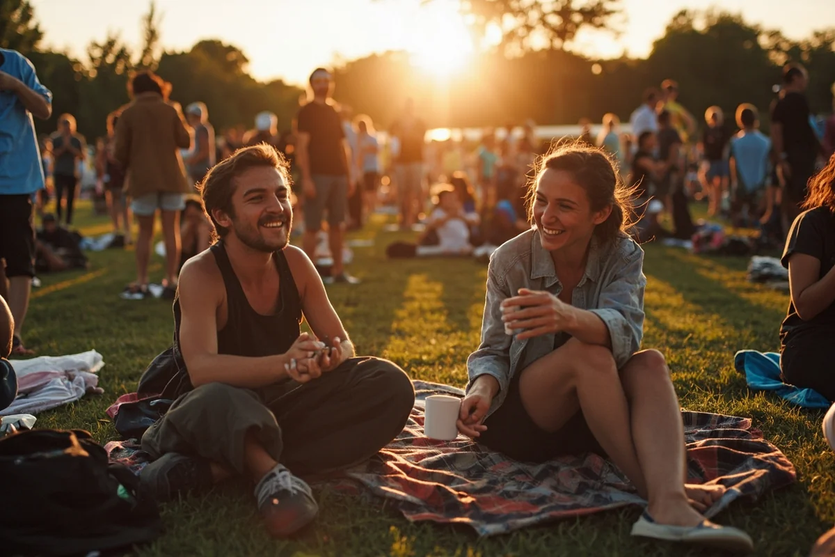 Happy concert-goers on the lawn with blankets and low chairs spread out