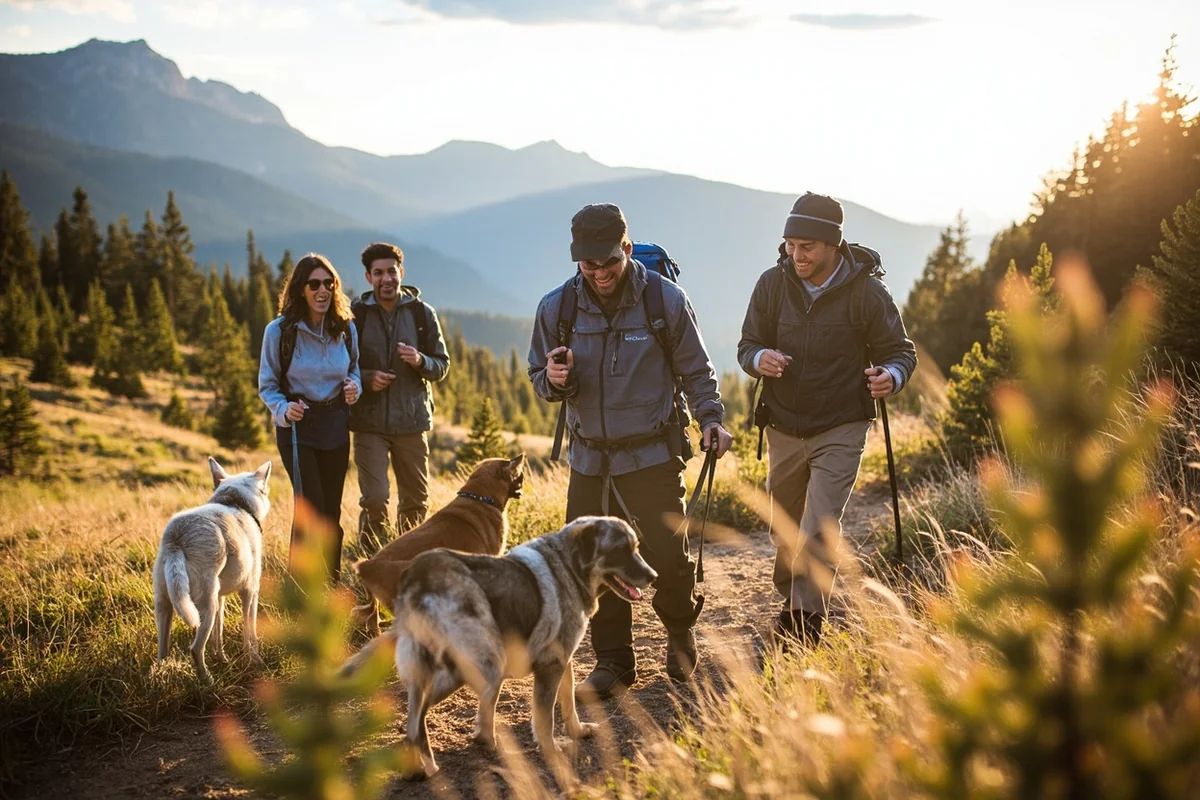 Happy family hiking on Montana trail with dogs and mountain scenery
