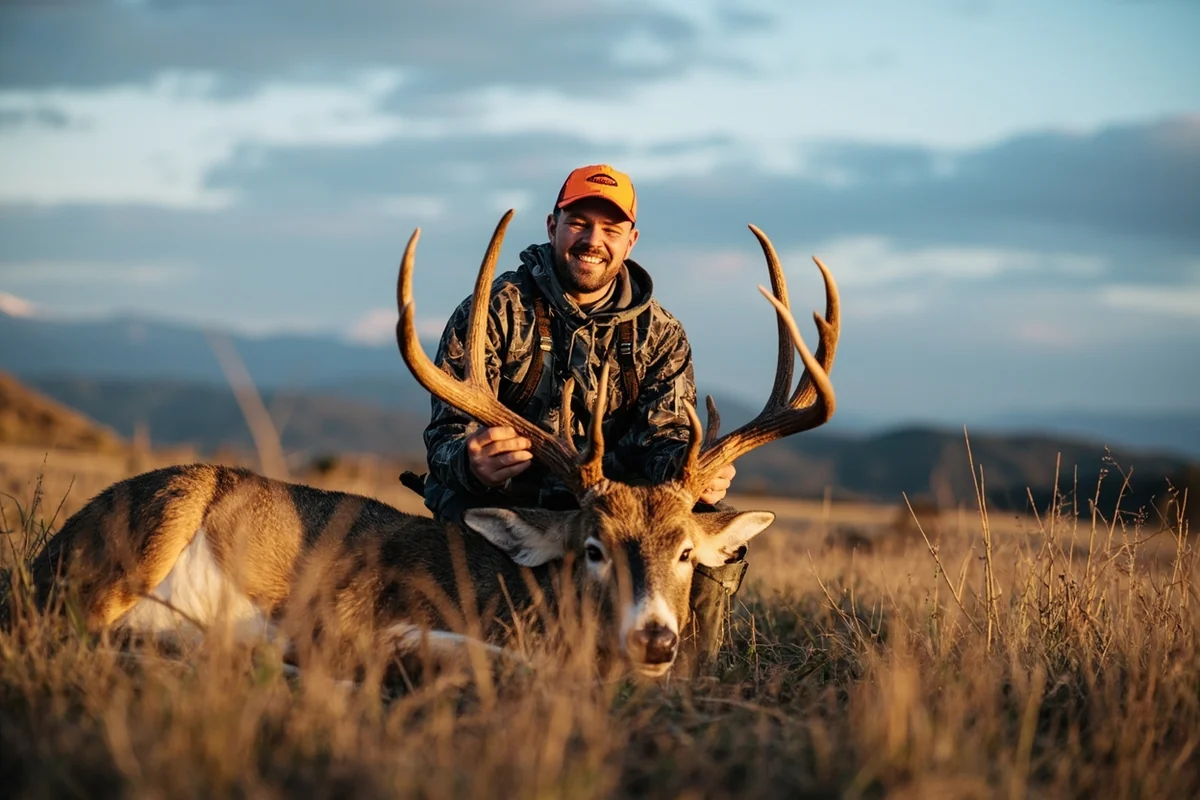 Happy hunter posing with harvested Montana mule deer buck against big sky country backdrop