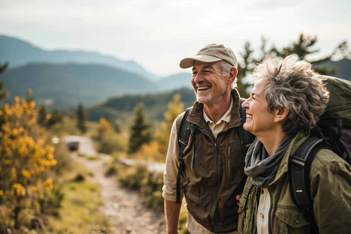 Happy retired couple hiking trail with mountain views in background