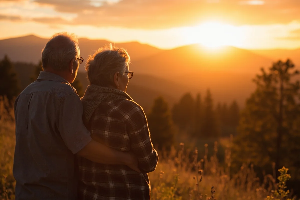 Happy senior couple enjoying Montana sunset at retirement community