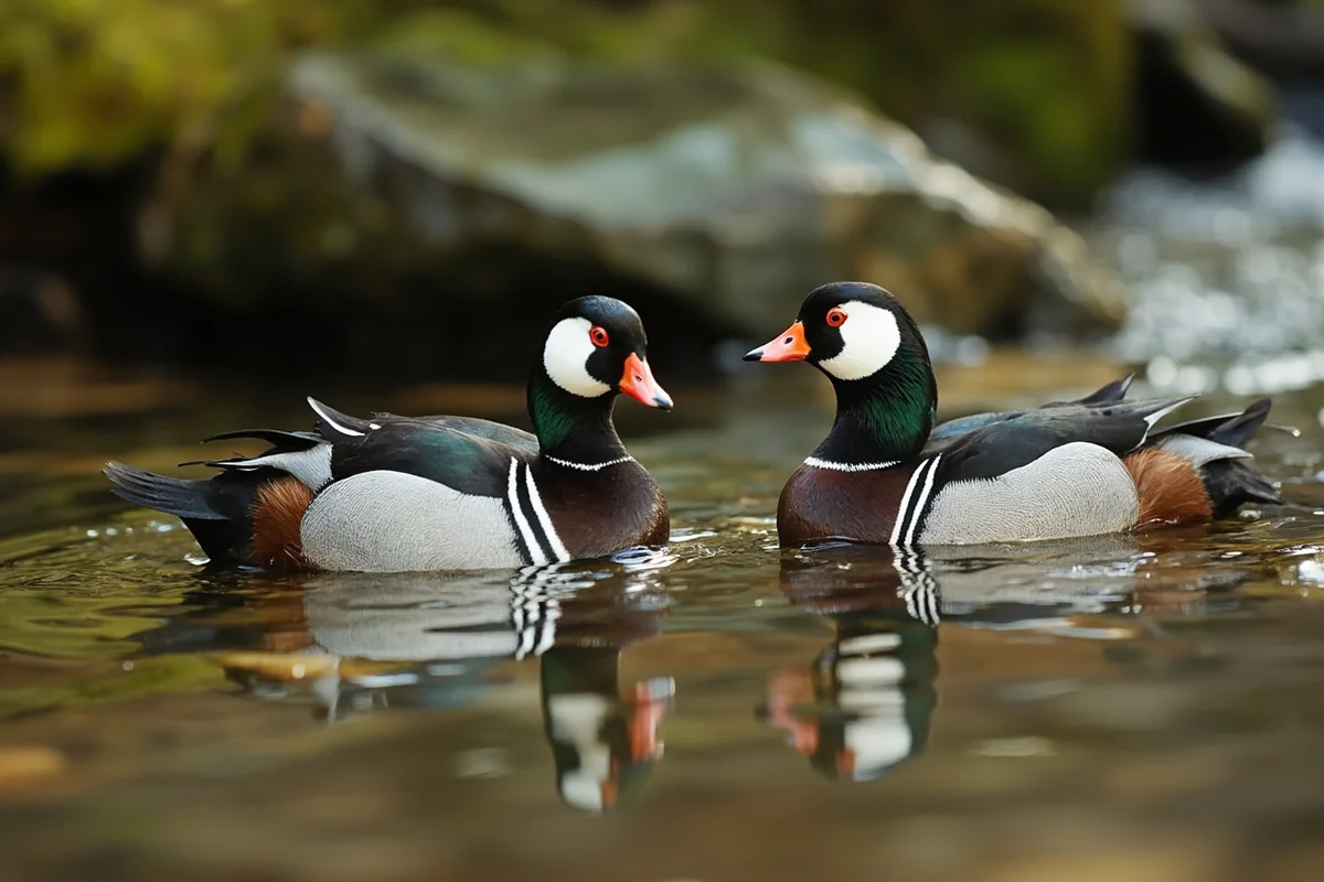Harlequin Duck pair swimming in clear mountain stream with mossy rocks