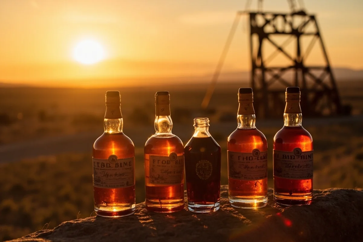 Headframe Spirits bottles arranged against Butte headframe backdrop at sunset