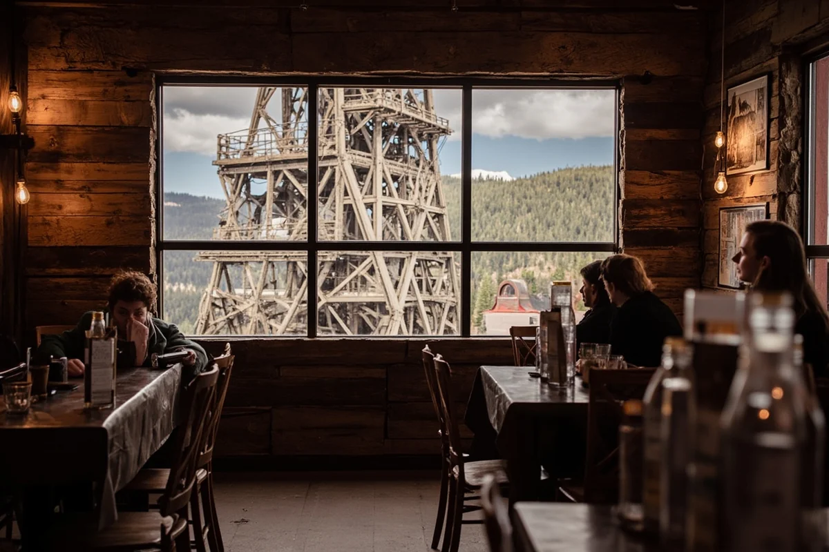 Headframe Spirits tasting room in Butte with historic mining headframe visible through the window