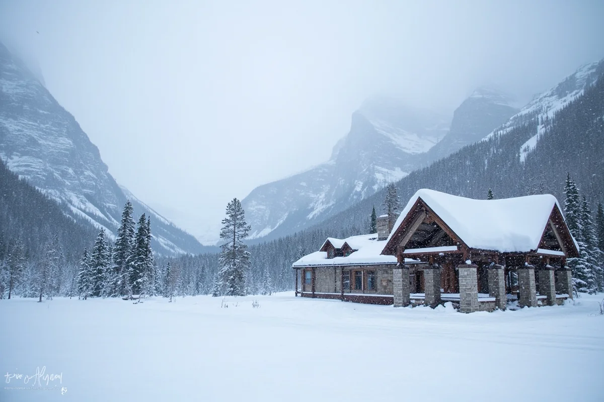 Heavy snowfall at Logan Pass in Glacier National Park with snow-covered peaks and the historic stone visitor center