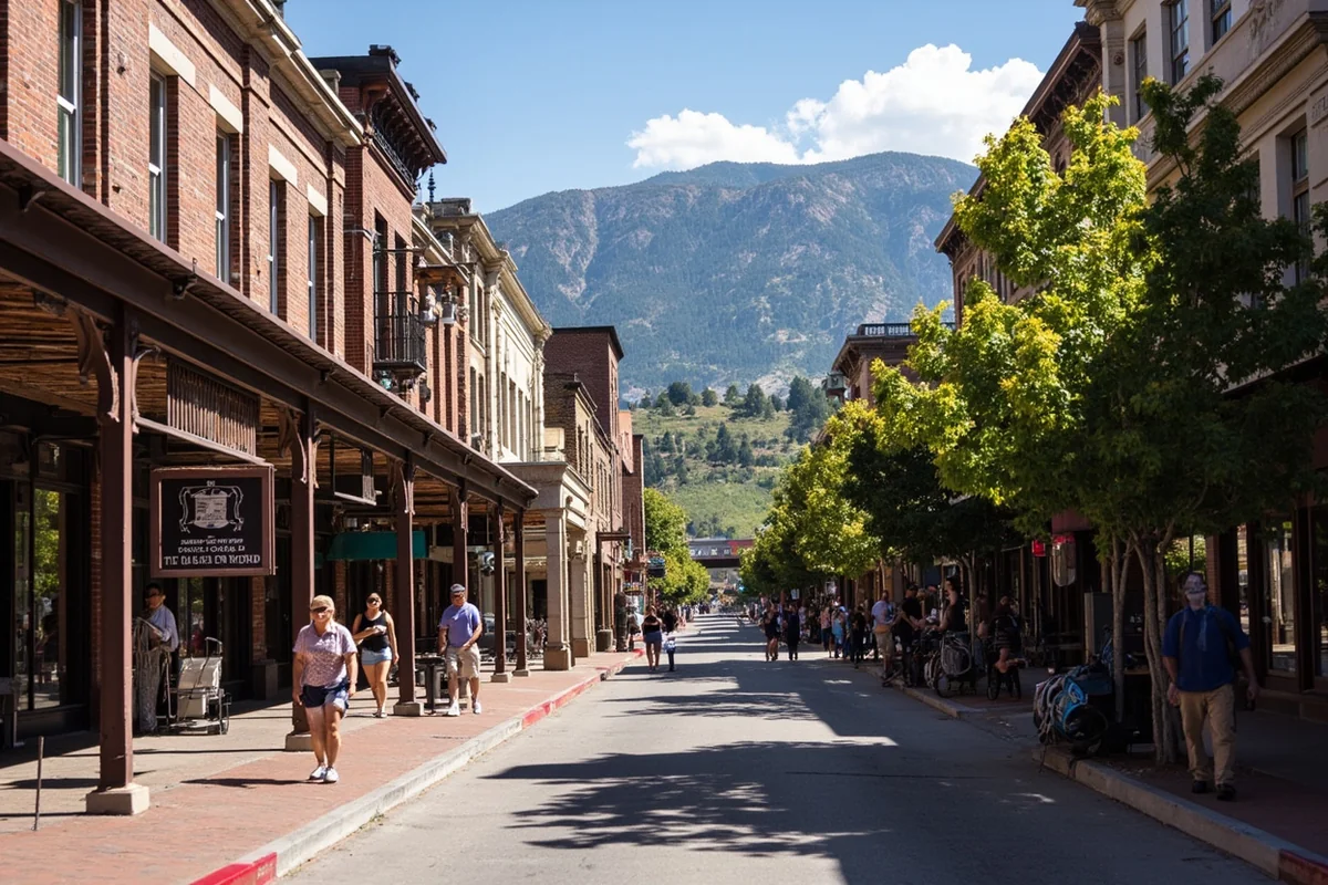 Helena's Last Chance Gulch pedestrian mall with historic architecture and mountain backdrop