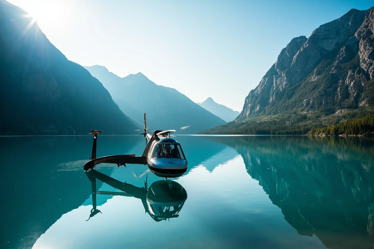 Helicopter landed beside pristine alpine lake with mountains reflected in water