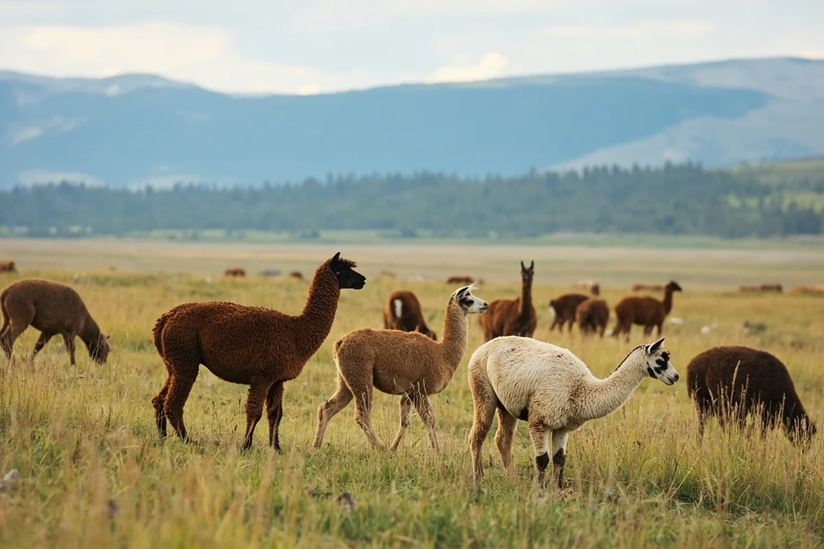 Herd of alpacas grazing in Montana valley with mountain range visible