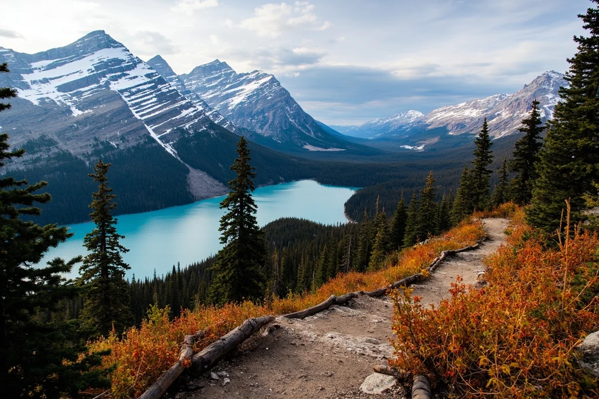 Hidden Lake Overlook trail in Glacier National Park with autumn dusting of snow on mountain peaks