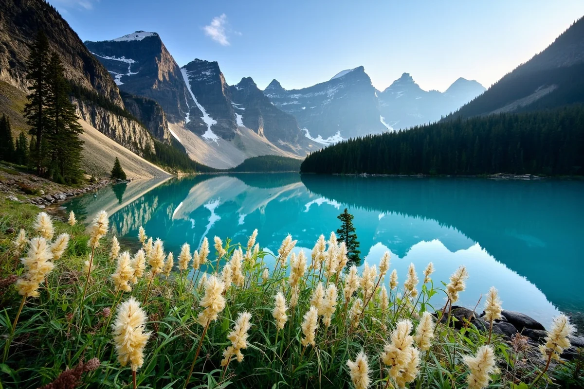 Hidden Lake with beargrass flowers in foreground and mountains reflecting in turquoise water