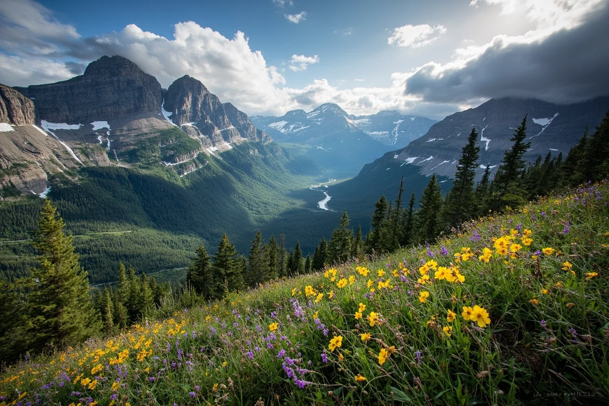 Highline Trail in Glacier National Park with dramatic cliff views and wildflowers