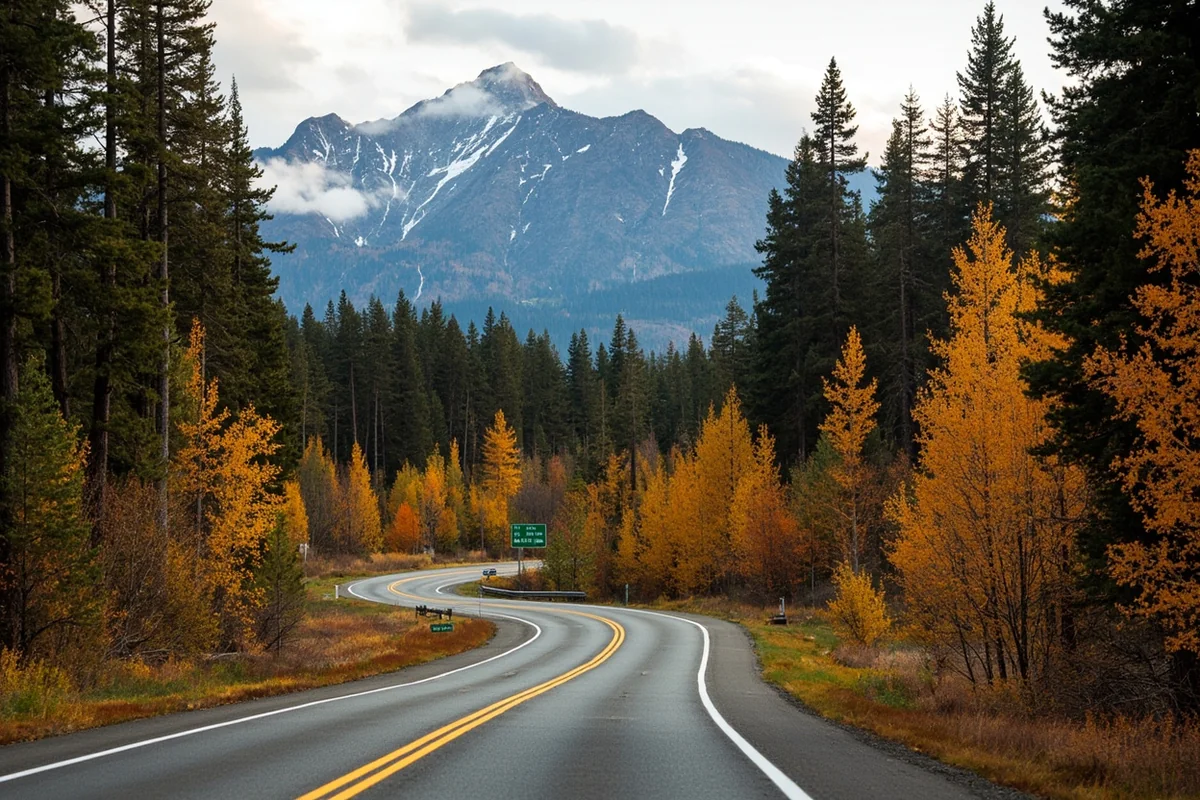 Highway 12 winding through Lolo Creek corridor with autumn colors and mountain backdrop