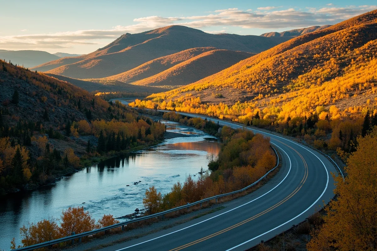 Highway 135 winding along Clark Fork River with fall colors on surrounding hillsides