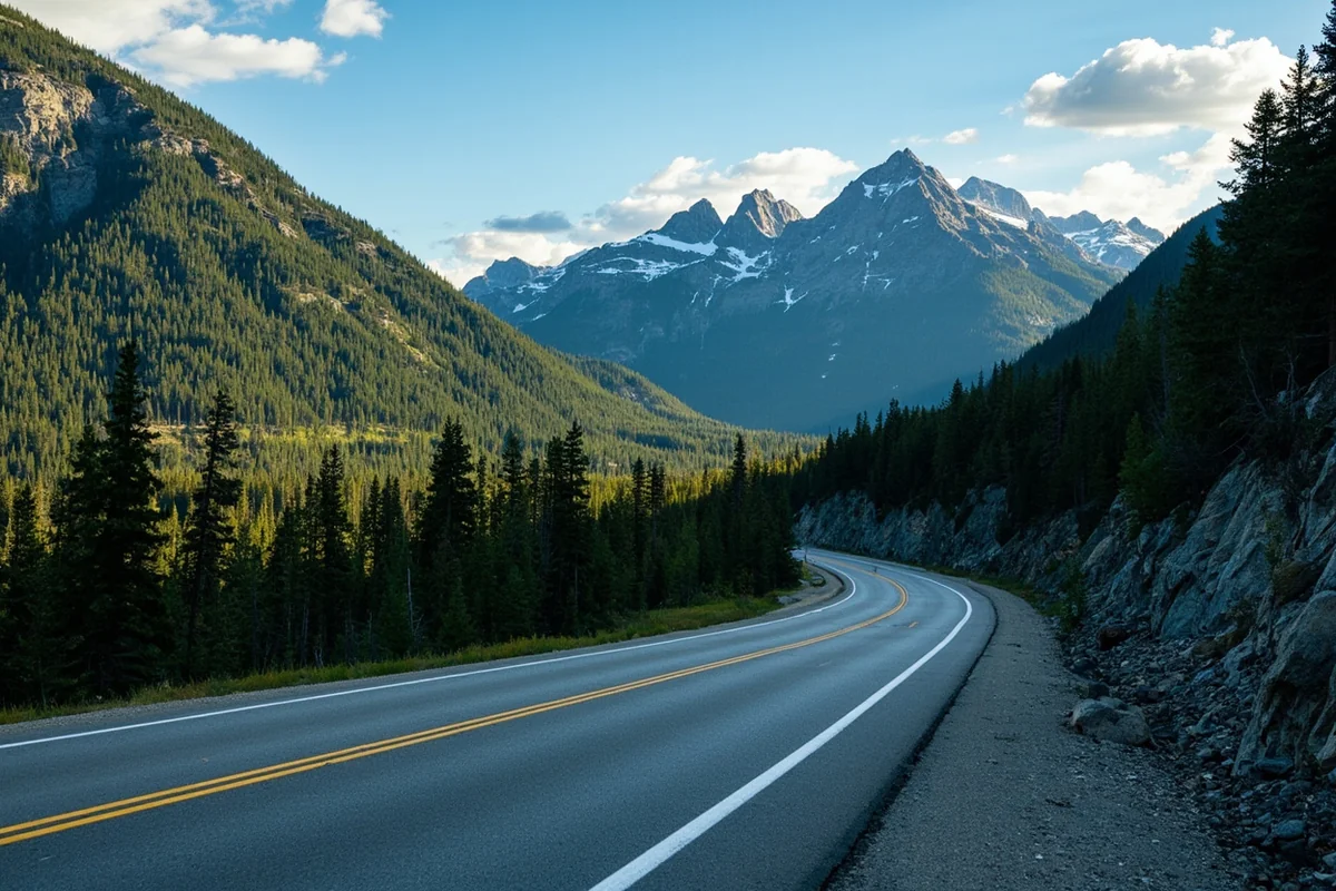 Highway 2 winding through forested mountains near Kootenai Falls trailhead