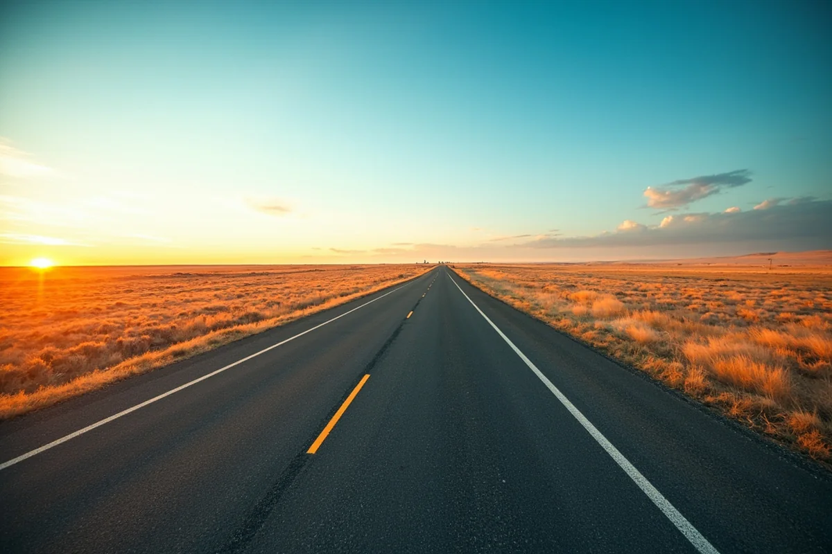 Highway 200 stretching across brown prairie landscape with heat waves visible on the asphalt