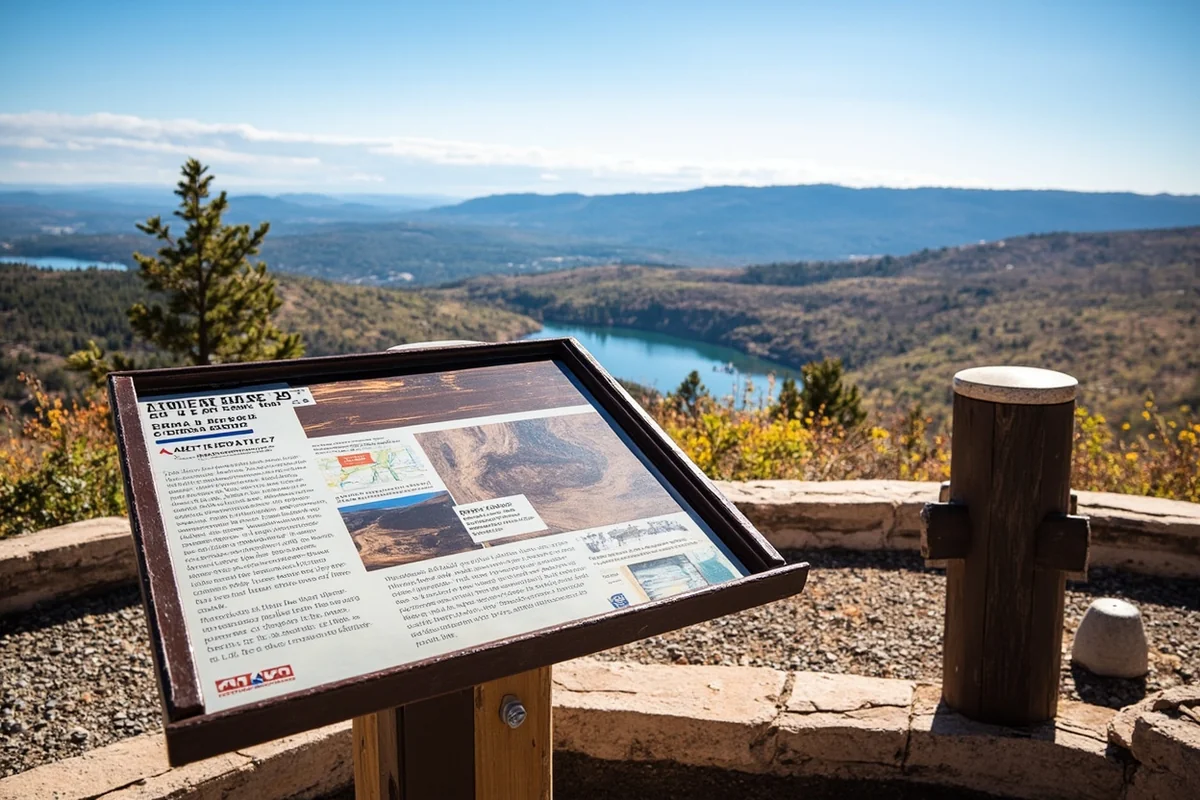 Highway 287 scenic viewpoint overlooking Earthquake Lake with interpretive signage in the foreground