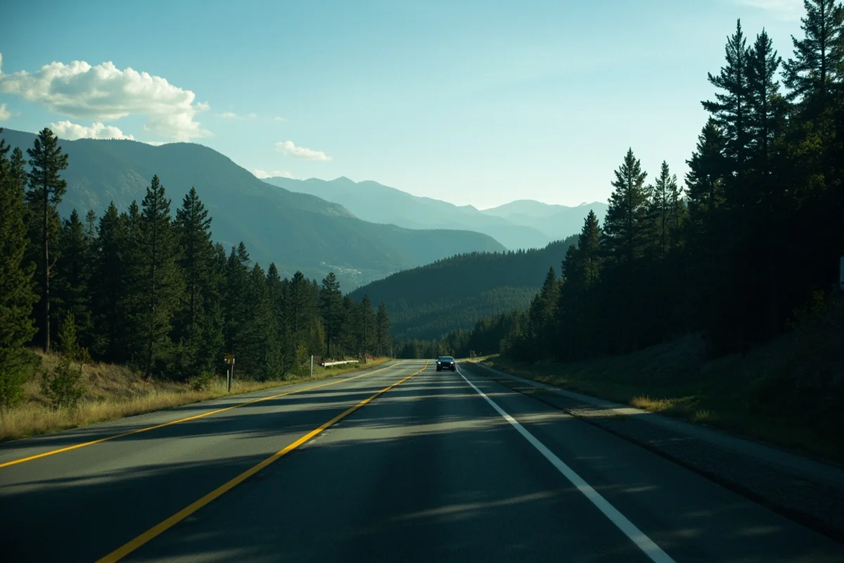 Highway scene near Lookout Pass on the Montana-Idaho border showing forested mountains