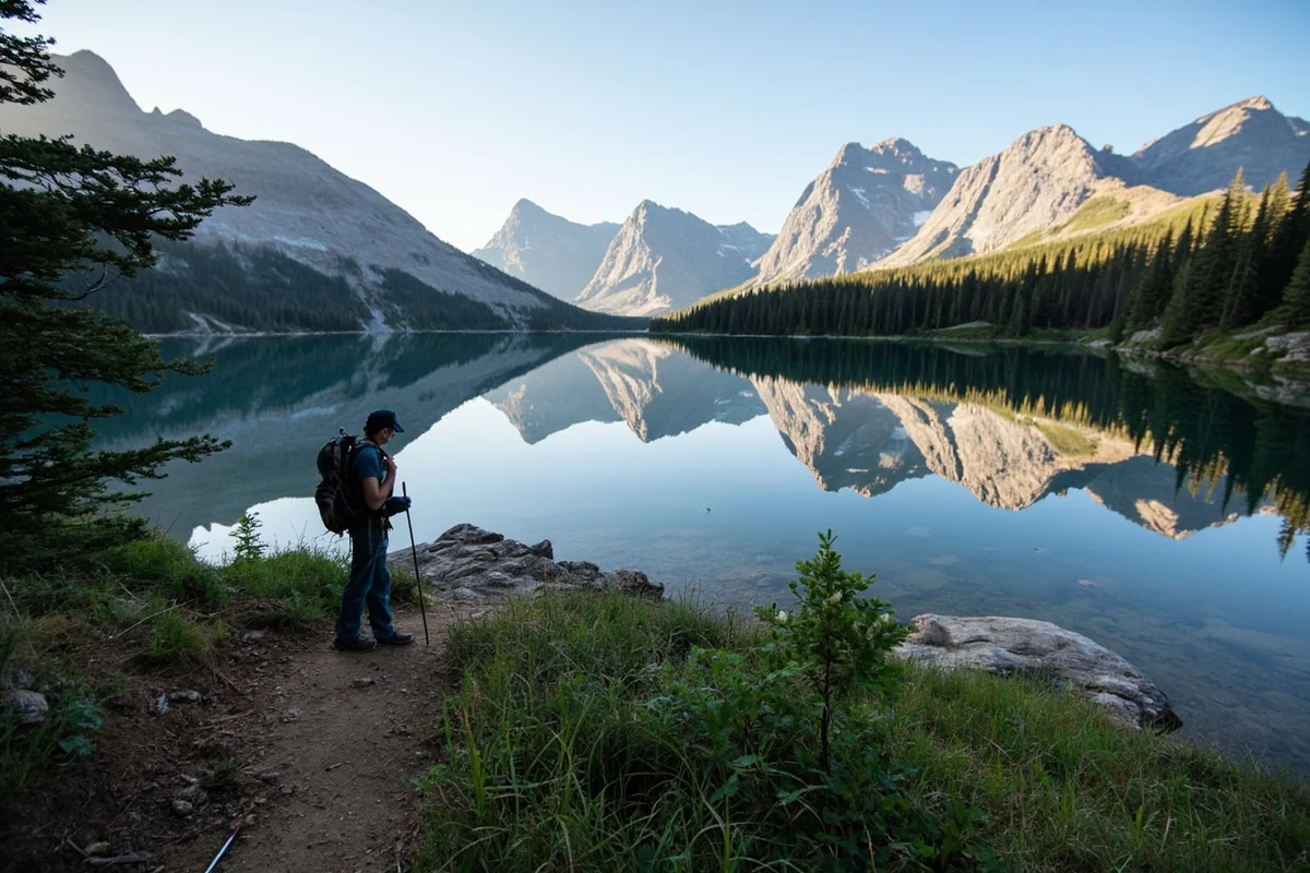 Hiker alone on trail above Bowman Lake with mountain reflections
