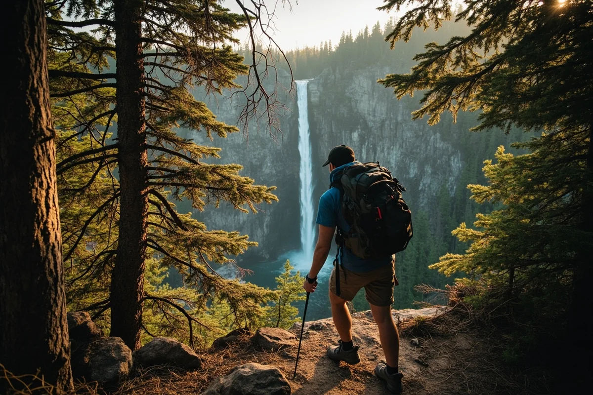 Hiker approaching the final viewpoint with Hoodoo Cascade Falls visible through the trees
