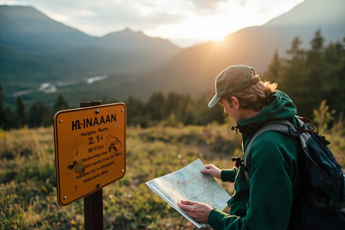 Hiker consulting a map at a trailhead on federal land in Montana with backcountry scenery