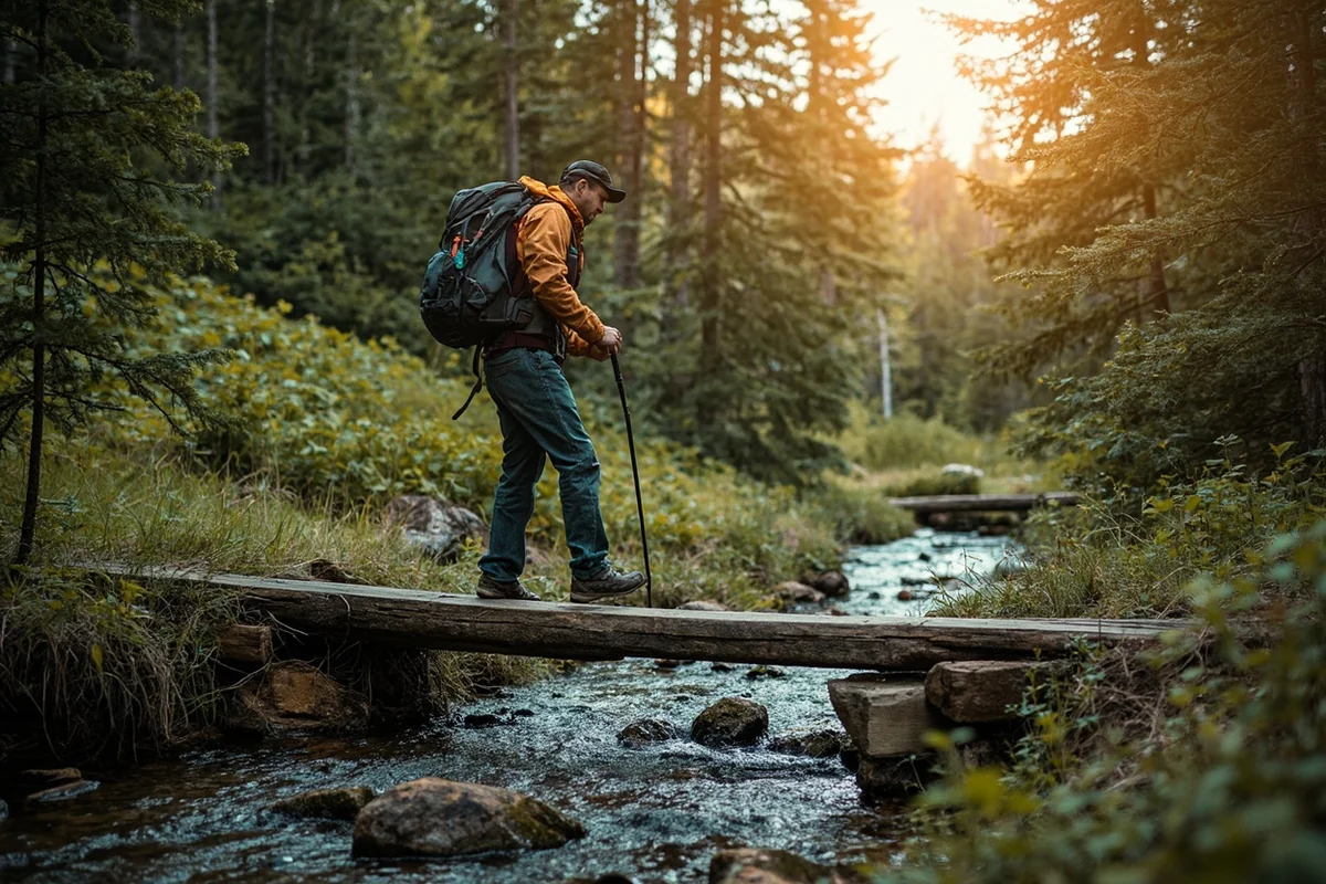 Hiker crossing a small stream on wooden footbridge along the trail
