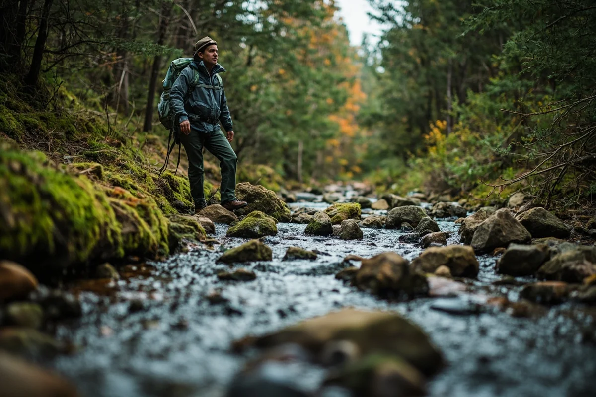Hiker crossing small stream on moss-covered rocks with forest background