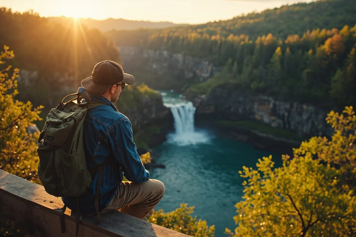 Hiker enjoying view of Hidden Falls from viewing area
