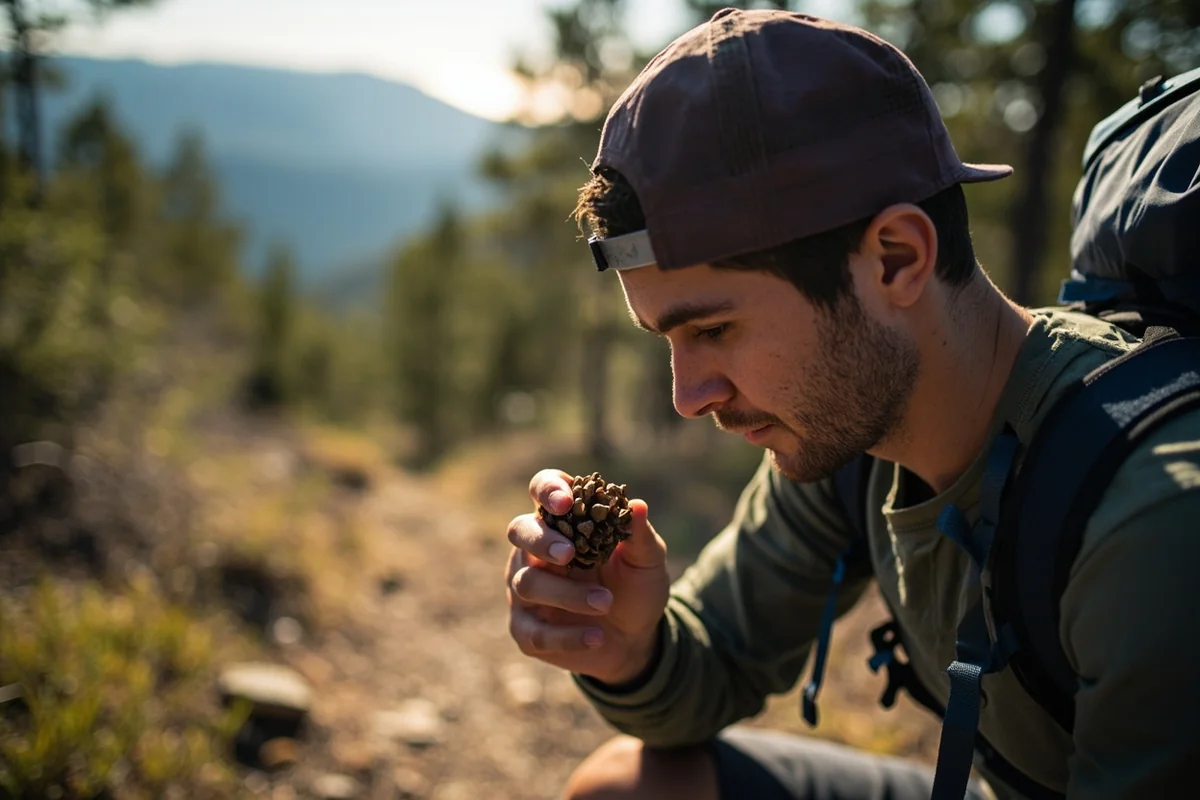 Hiker examining pine cone with hand lens on mountain trail