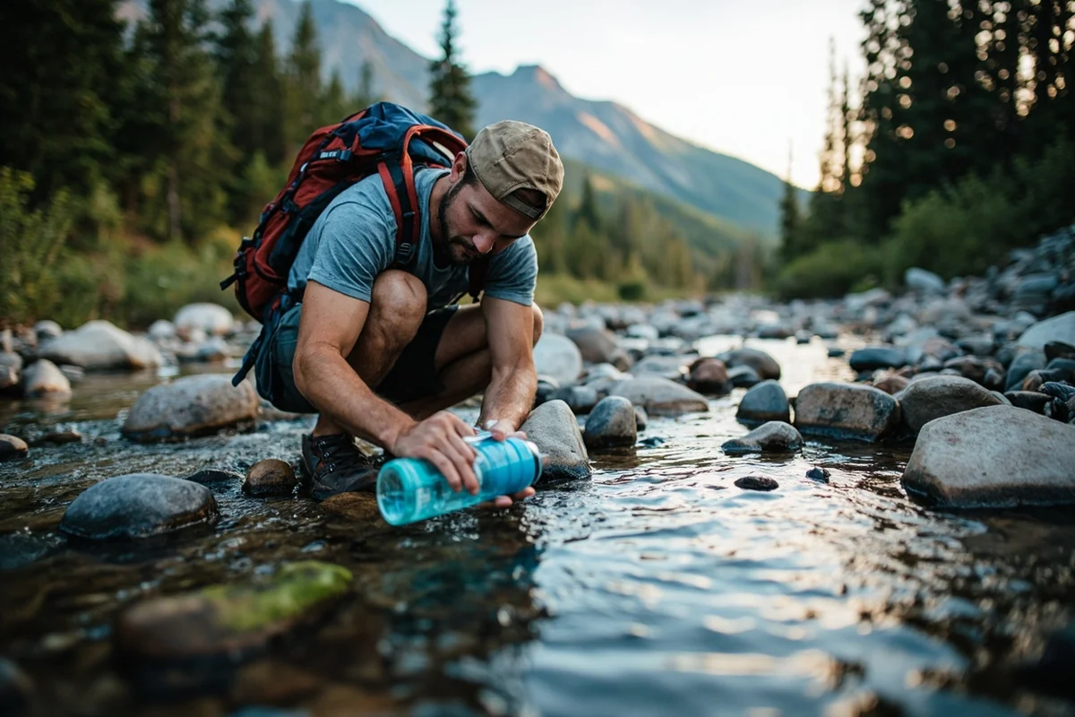 Hiker filling water bottle with filter from mountain stream in Glacier National Park