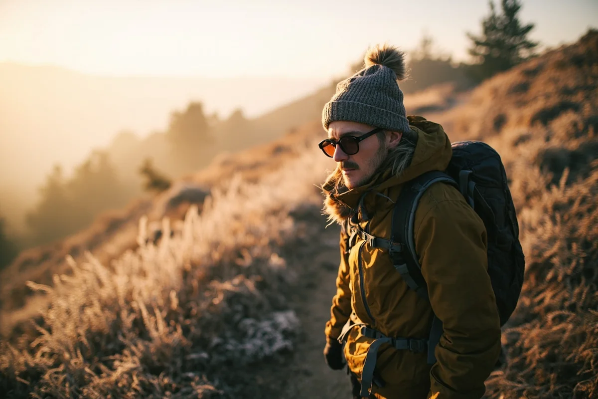 Hiker layered in fall clothing on a trail with frost-covered grass in morning light