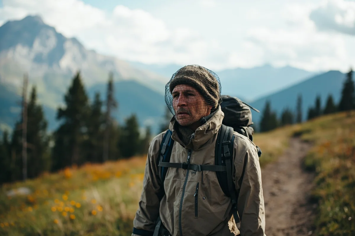 Hiker on a Montana trail wearing a head net and long sleeves, mountains in background